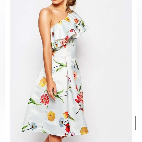 true violet Dresses & Skirts - True Violet Sateen Garden floral powder blue Ruffled One Shoulder Sundress 10